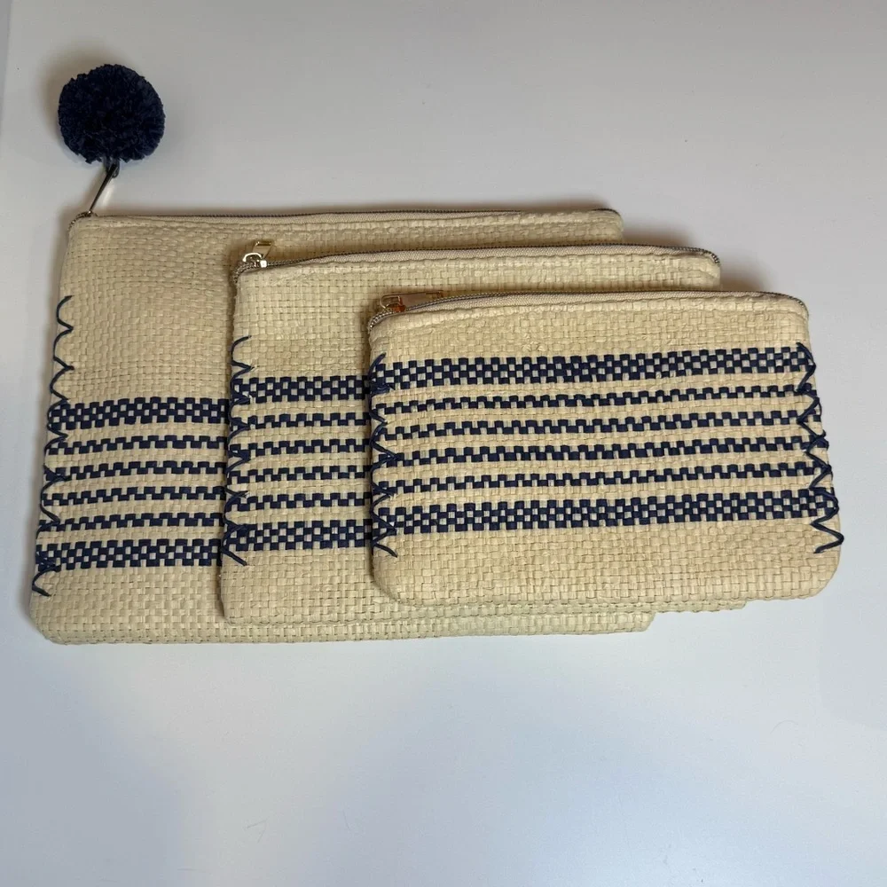 Mud Pie Cream and Navy Straw Makeup Cases- Three Various Sizes